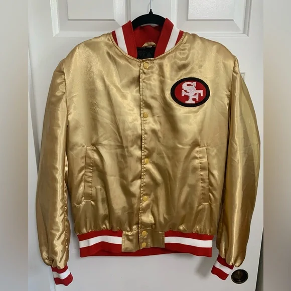 San Francisco 49ers Gold Satin Varsity Jacket with Red and White Trim - Picture 1 of 6